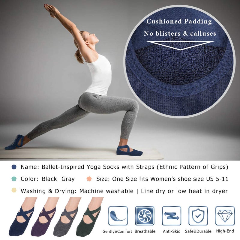 Ozaiic Pilates Socks for Women Non Slip Grip, Yoga Socks with Grippers for Barre, Hospital, Ballet, Dance, Barefoot Workout (4 Pairs - Navy/D.gray/D.green/D.purple) - Image 3
